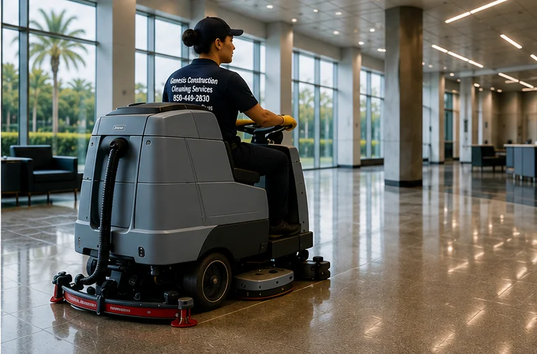 Genesis janitorial crew cleaning a finished commercial lobby