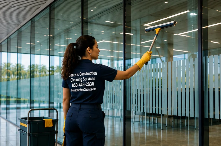Genesis crew cleaning interior and exterior glass on a commercial building